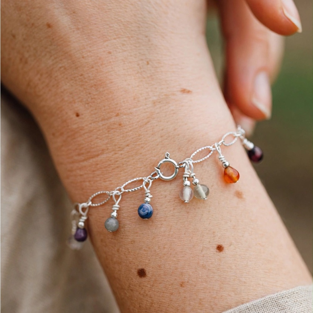 Sterling Silver Multi-Gem Charm Bracelet - Colorful Beads